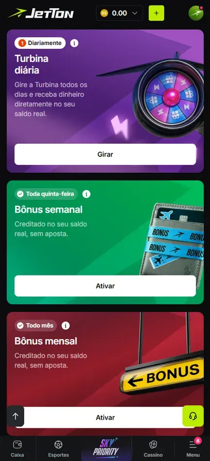 Cartões Turbina diária com botão Girar, Bônus semanal e Bônus mensal com botão Ativar na área de bônus da Jetton