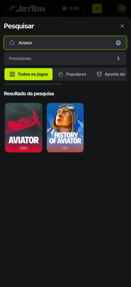 Busca Pesquisar da Jetton com Aviator digitado e dois resultados: Aviator da Spribe e History of Aviator
