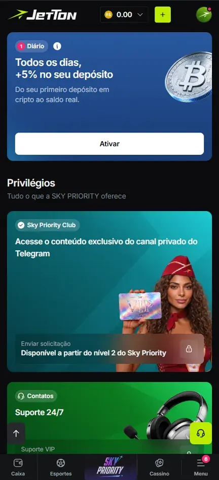 Cartão Todos os dias, +5% no seu depósito, com botão Ativar, e seção Privilégios do Sky Priority com Sky Priority Club e Suporte 24/7