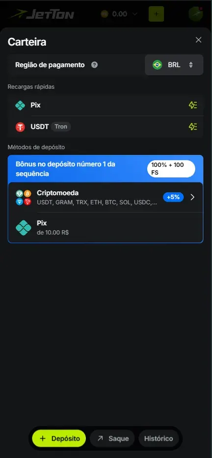 Carteira da Jetton com Região de pagamento BRL, Recargas rápidas Pix e USDT Tron, faixa Bônus no depósito número 1 da sequência e método Pix de 10.00 R$