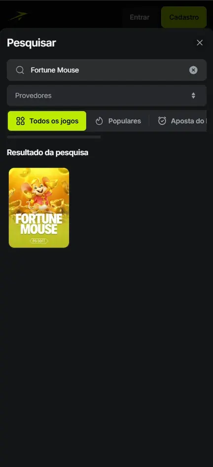 Pesquisar da Jetton com Fortune Mouse digitado e um único resultado, o ratinho dourado da PG Soft