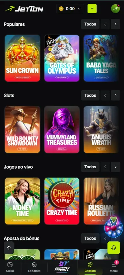 Lobby da Jetton no celular, saldo em R$ no topo, com três fileiras de capas e o botão Todos ao lado de cada título