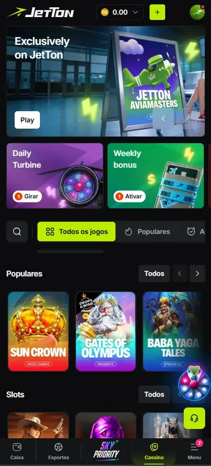 Tela inicial da Jetton no celular: saldo em reais, cartões Daily Turbine e Weekly bonus e listas Populares e Slots
