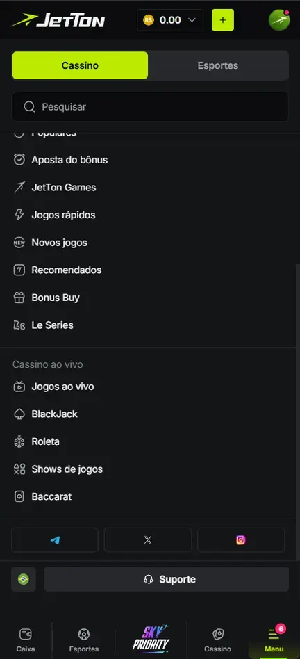 Menu da Jetton rolado até o bloco Cassino ao vivo, com Jogos ao vivo, BlackJack, Roleta, Shows de jogos e Baccarat