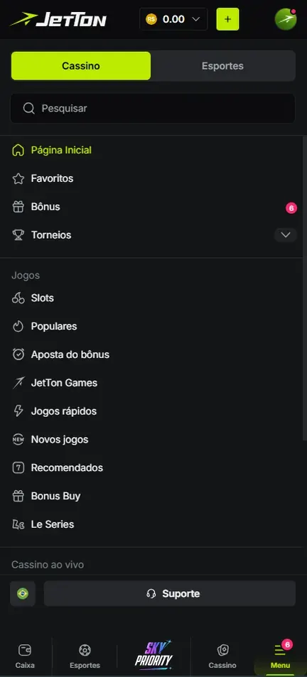 Menu da Jetton em português com abas Cassino e Esportes, campo Pesquisar e categorias de jogos