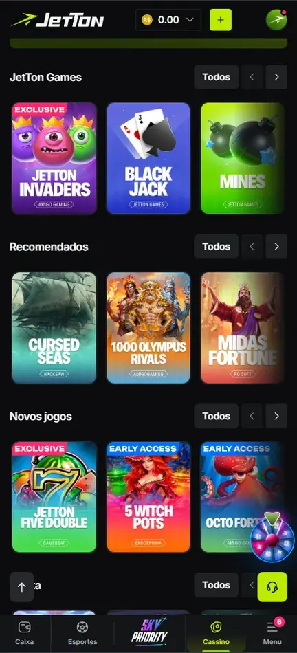 Lobby da Jetton com as faixas JetTon Games, Recomendados e Novos jogos e capas marcadas com Exclusive e Early Access