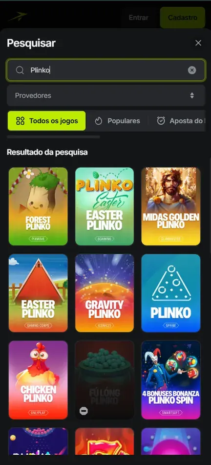 Busca da Jetton sem login, com Entrar e Cadastro no topo e o campo preenchido com Plinko