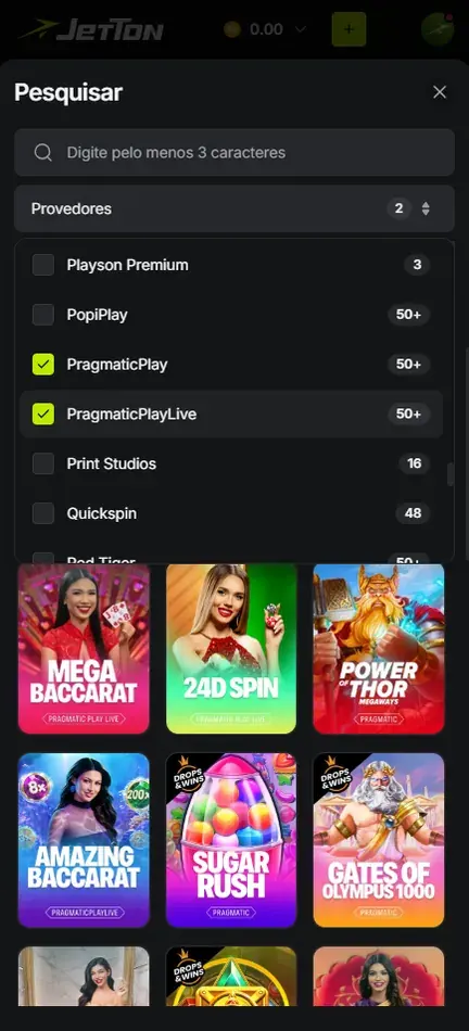 Filtro Provedores aberto na busca da Jetton, com dois estúdios selecionados e o número de jogos ao lado de cada nome