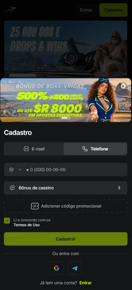 Tela Cadastro da Jetton na aba Telefone com banner Bônus de boas-vindas 500% + 400 giros grátis, seletor Bônus de cassino e botão Adicionar código promocional