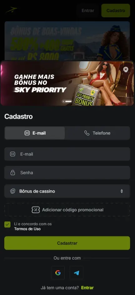 Formulário Cadastro da Jetton aberto na aba E-mail, com campos E-mail e Senha, seletor Bônus de cassino, botão pontilhado Adicionar código promocional e caixa dos Termos de Uso marcada