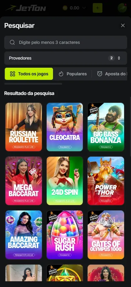 Tela Resultado da pesquisa na Jetton, filtro Provedores com 2 marcados, capas de slots e de mesas ao vivo lado a lado