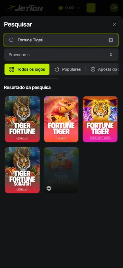 Campo de busca da Jetton preenchido com Fortune Tiger e cinco capas de tigre na lista de resultados