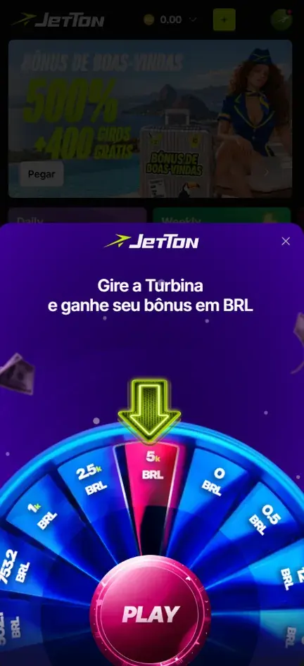 Pop-up Gire a Turbina e ganhe seu bônus em BRL, com roda de valores em reais e botão Play