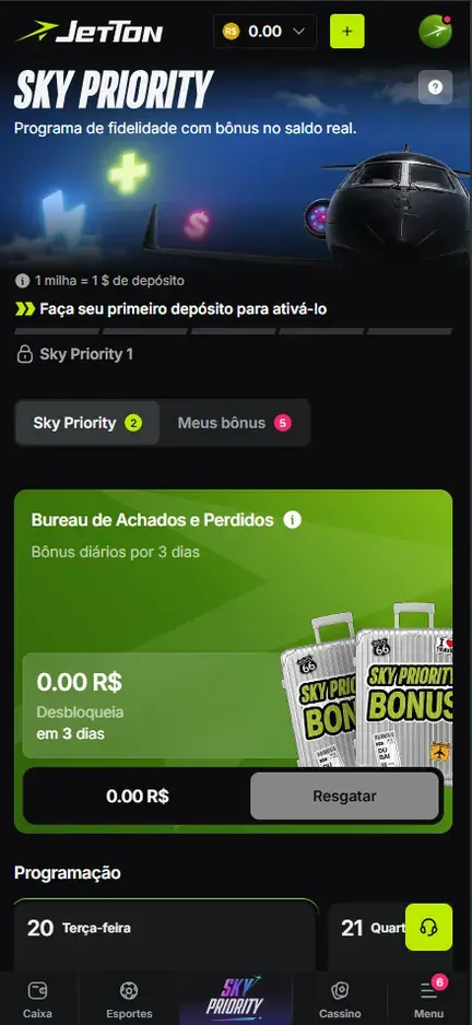 Tela Sky Priority da Jetton, programa de fidelidade com bônus no saldo real, com a nota 1 milha = 1 $ de depósito